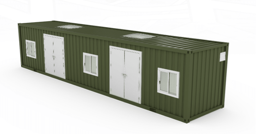 A shipping container office with windows and doors