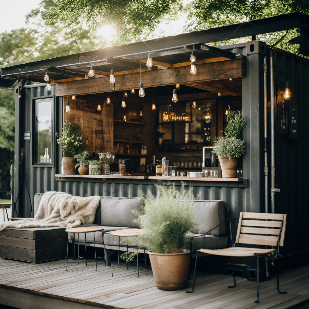 A serene and rustic shipping container coffee shop in the countryside