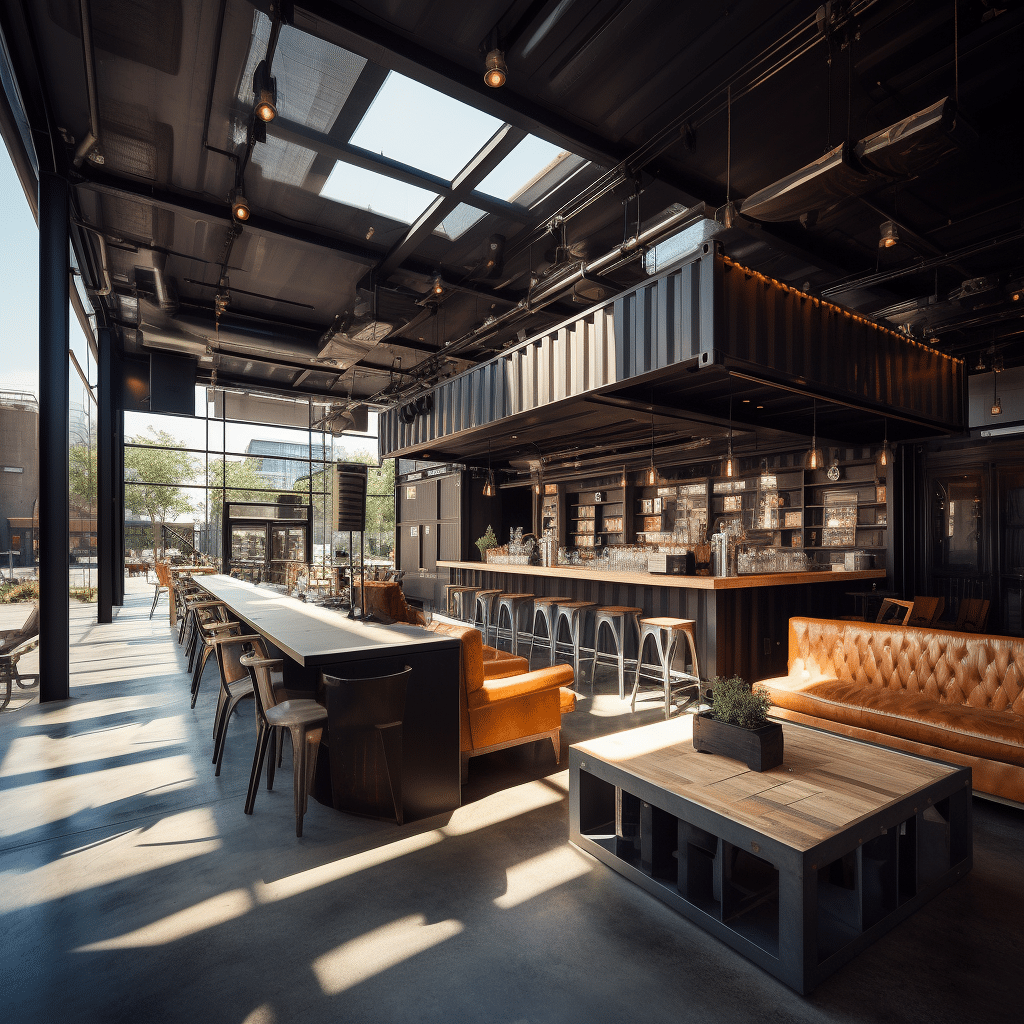 An industrial-chic shipping container coffee shop with a raw and edgy interior design