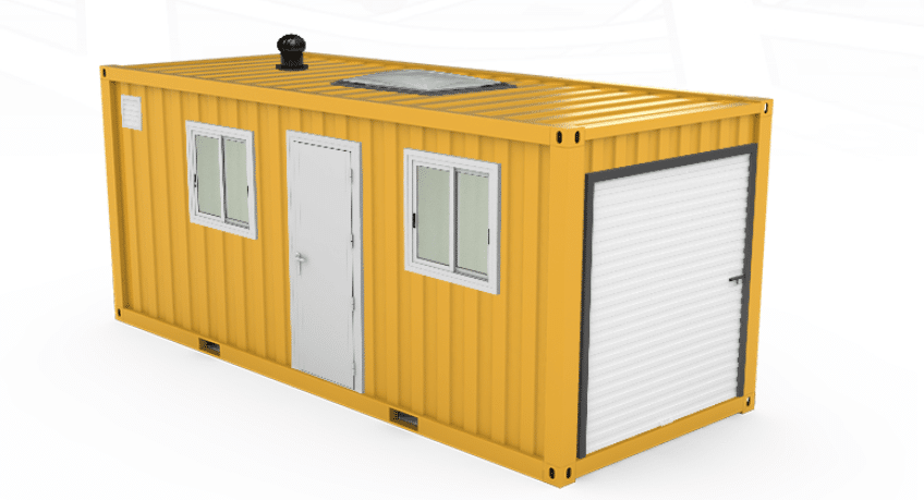 A 10 ft shipping container with a roll-up door and windows