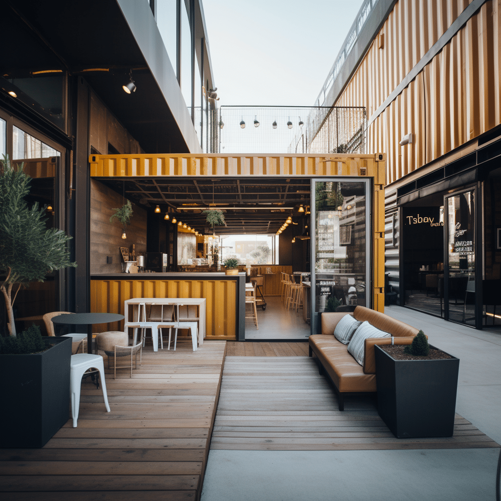 A modern shipping container coffee shop with sleek industrial design
