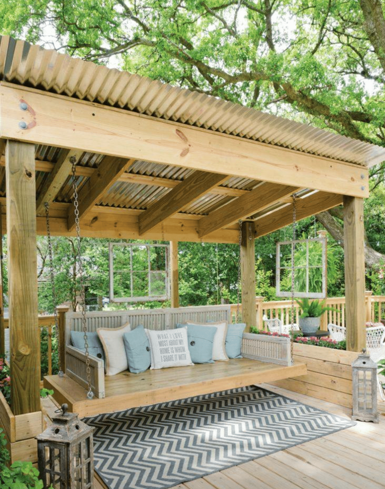 Bright outdoor seating with storage container roof