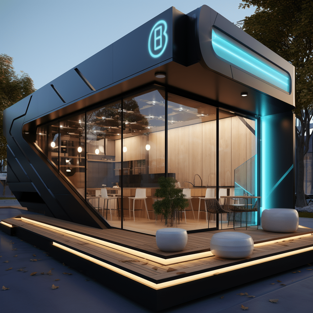 A modern shipping container coffee shop with high-tech brewing equipment and futuristic interior elements