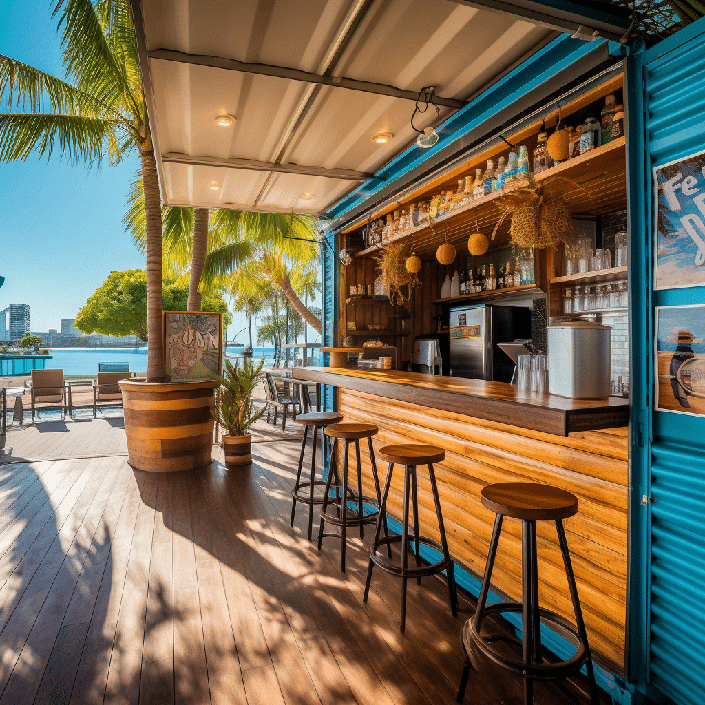 A vibrant tropical shipping container coffee shop with a beachfront vibe
