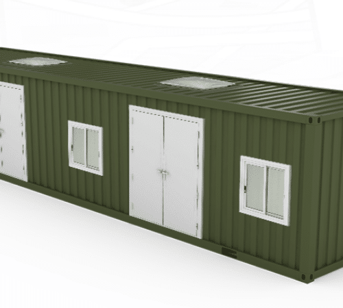 A shipping container office with windows and doors