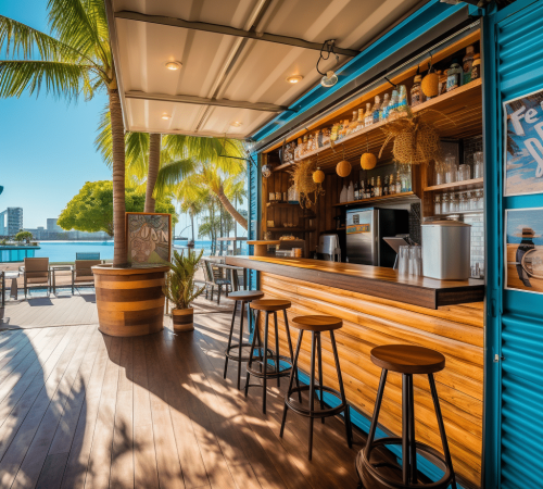 A vibrant tropical shipping container coffee shop with a beachfront vibe