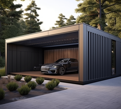 european sports car inside two shipping container garage